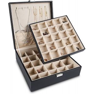 Subzonal-Bo&icirc;te &Agrave; Bijoux Classique &Agrave; 50 Compartiments Pour Ranger Des Boucles D'oreilles, Double Couche Avec 6 Crochets Pour Colliers Et Poche Pour Bracelets (Noir) - Neuf