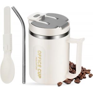Eryi-Tasse A Cafe, 500ml Anti-Brûlure Mug Isotherme Avec Paille Couvercle 1 Cuillère Pliable Pour Maison Lécole Bureau (Gris) - Neuf