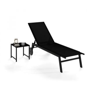 Ensemble 2 Pi&egrave;ces Mobilier D'ext&eacute;rieur Costway, Chaise Longue En Tissu, Table Basse En Verre Tremp&eacute;, Dossier R&eacute;glable, Roues, Noir - Neuf