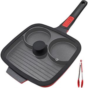 Subzonal-Po&ecirc;le &Agrave; Frire 3 Trous Avec Couvercle 26 X 24 Cm, Po&ecirc;le &Agrave; ?ufs Au Plat Avec Poign&eacute;e Amovible, Po&ecirc;le Grill Antiadh&eacute;sive 3 En 1 Pour Petit-D&eacute;jeuner - Neuf