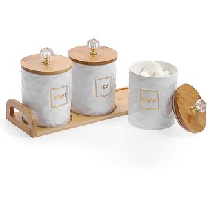 Lot De 3 Boîtes De Rangement Hermétiques En Céramique Avec Couvercle Et Plateau Pour Le Sucre, Le Café, Le Thé, Le Comptoir De Cuisine - Neuf