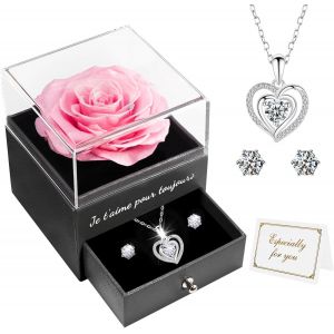 Rose Eternelle Coffret Cadeau Femme, Fleur Eternelle Avec Argent 925 Collier Boucles D'oreilles Bijoux Cadeau Anniversaire Femme Maman, Cadeau Noel Femmes Saint Valentin Fete Des Meres - Neuf
