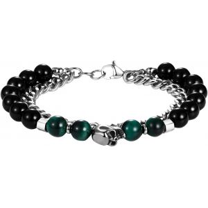 Eryi-Bracelet Homme De Perles Réglable En Obsidienne: Bracelet De Perles Réglable Avec Pendentif Tête De Mort Multicouche En Acier Inoxydable - Neuf