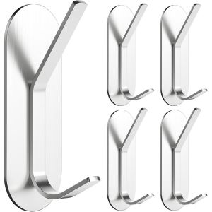 5 Pi&egrave;ces Crochet Adhesif Mural, Autocollant Accroche Serviette Charge Lourde Accroche Torchon Cuisine En Acier Inox, Porte Manteau Mural Sans Percage Pour Salle De Bain (Argent)[CHU10503525] - Neuf