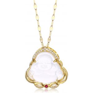 Kal-Collier Bouddha, Colliers &Agrave; Pendentif Bouddha Rieur Chanceux Collier Bouddha En Jade Vert/Blanc Avec Cha&icirc;ne Plaqu&eacute;e Or 18 Carats Bijoux Pour Femmes Hommes - Neuf