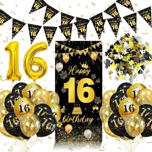 TRAHOO-Decoration Anniversaire 16 Ans, Ballon 16 Ans Anniversaire Decorations Noir Or, Deco Anniversaire 16 Ans Bannières, Confettis Anniversaire 16 Ans Fille Garçon, Deco Ballon 16 Ans Aniversaire F - Neuf