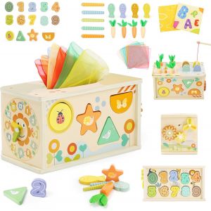 JGD-Jeux Montessori 1 an, 6 en 1 Jouet en Bois Bo&icirc;te &agrave; Mouchoirs avec Engrenages, Jeu de P&ecirc;che et Tri de Formes, Montessori Sensoriel pour Bebe 12+Mois, Cadeau pour Filles et Gar&ccedil;ons de 1 2 3 Ans - Neuf