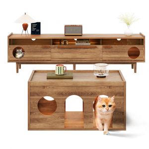 Meuble TV + table basse noyer - panier chat - ensemble salon 2 pi&egrave;ces - Neuf