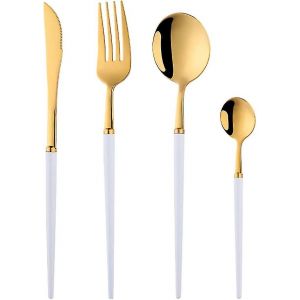 Ensemble De Couverts 4 Pi&egrave;ces En Or Blanc Avec Ustensiles En Acier Inoxydable Comprenant Un Couteau, Une Fourchette Et Une Cuill&egrave;re &Agrave; Caf&eacute;. Design &Eacute;l&eacute;gant Et Poli Miroir. - Neuf