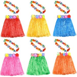 6 Set 12 Pcs Hawaiian Herbe Hula Jupe Avec Fleur Leis Collier Hawaii Luau Jupes Collier Costume D&eacute;guisements Pour Enfants Filles Femmes Luau F&ecirc;te Anniversaire (Couleur Al&eacute;atoire) - Neuf