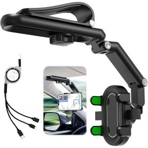 Support Telephone Voiture + 3 en 1 C&acirc;ble USB, 360&deg; Rotation Support Voiture R&eacute;glable, Support de T&eacute;l&eacute;phone Universel pour Pare Soleil R&eacute;troviseur, Support Voiture pour T&eacute;l&eacute;phones de 4''-7 - Neuf