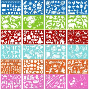 JEXNOVASHOP-24pcs Pochoir de Dessin Coloré pour Enfants, Animaux Papillon Licorne dinosaure modèles de peinture pour garçons filles anniversaire cadeaux de noël tout-petits outil de peinture préscola - Neuf