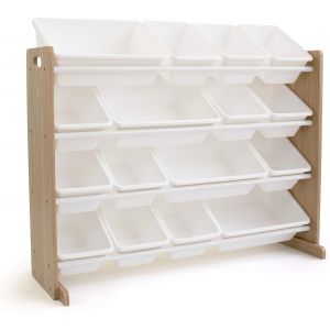 SUBZONAL-WO166 &Eacute;tag&egrave;re pour Enfants - Organisateur de Jouets avec 16 Bacs de Rangement, Naturel/Blanc - Neuf