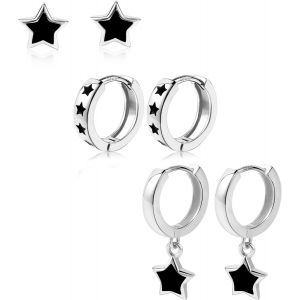 3 Paires Boucles D'oreilles Argent 925 Femme Coeur Noir 14 Or Plaque Anneaux.[X782] - Neuf