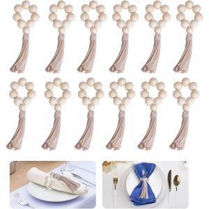 Lot de 12 ronds de serviette en perles de bois de style ferme faits à la main - Neuf