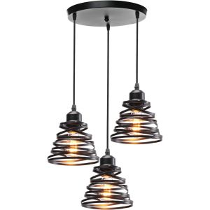 KAL-Suspension Industrielle Rétro Ø30Cm, Lustre Vintage Abat-Jour Luminaire En Métal Plafonnier E27 Corde Ajustable Décoration (3 Lampes - Une Base - Noir) - Neuf