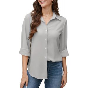 Utigh-Chemisier Femme À Manches Longues Chic Et Élégant Chiffon Chemise Col En V Bureau Travail Haut Avec Boutons - Neuf