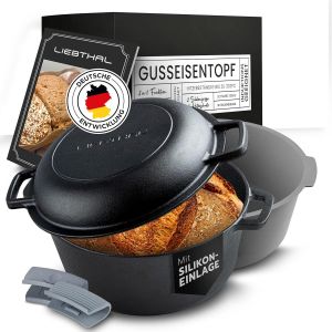Jexnovashop-Marmite En Fonte Pour Cuire Du Pain - Robuste Avec Insert En Silicone Antiadh&eacute;sif - Moule &Agrave; Pain D&eacute;j&agrave; Br&ucirc;l&eacute; Avec Couvercle - 4,6 L - Pour R&ocirc;tir Et Braiser - Neuf