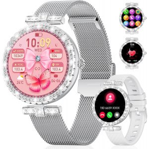 Montre Connect&eacute;e Femme Ronde,1,19"" Amoled Smartwatch Femme Avec Appel Bluetooth, Fonction F&eacute;minine Ip68 120+ Modes Sportifs Podometre, Diamond Montre Femme Connect&eacute;e Android Ios Argent Maille - Neuf