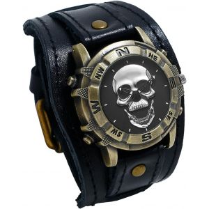Eryi-Montre Homme Cuir Crâne: Montre Homme Bracelet Cuir Large Avec Cadran Tête De Mort Bronze Vintage Gothique Punk Biker Montre Poignet De Force Manchette Analogique Quartz - Cadeau Halloween - Neuf