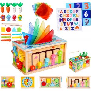 JGD-Jeux Montessori 1 An,7 En 1 Cube D'activit&eacute; B&eacute;b&eacute; Jeux Bebe 1 An,Avec &eacute;charpe 8 Fils,Jeu De P&ecirc;che Et Tri De Formes,Conception De Bo&icirc;te &agrave; Mouchoirs Jouet Enfant 1 An,Cadeau Enfant 1 An,Pour Bebe 12 - Neuf