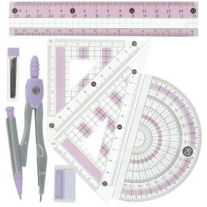 Ensemble de g&eacute;om&eacute;trie comprenant une r&egrave;gle, un rapporteur, un compas et des accessoires. - Neuf