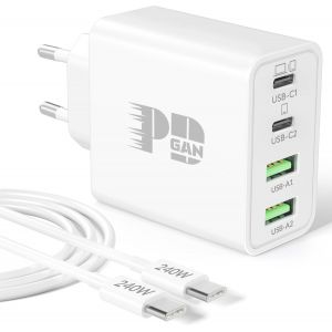 LORANKA-65W Chargeur Rapide USB C, GaN 4-Ports PD/QC Chargeur Prise Secteur USBC Adaptateur + 240W 2M Type C C&acirc;ble pour MacBook Air, Mac Book Pro, iPhone 17 Air 16 16e 15, iPad, Samsung S25, Xiaomi, - Neuf