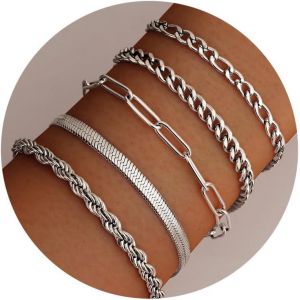 Eryi-5pcs Chaîne Bracelets Pour Femme Plaqué Or 18k Bracelet Acier Inoxydable Femme Twist Figaro Chaîne Bracelets Réglable Cz Bracelets Ensemble Argent Or Bracelets Pour Femme Filles - Neuf