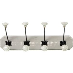 Porte-manteau mural en bois avec 4 crochets en m&eacute;tal et c&eacute;ramique en blanc et noir 19 x 48 x 14 cm - Neuf