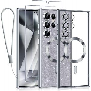 SJZG-Glitter Magn&eacute;tique Pour Samsung Galaxy S24 Ultra 5G Con Cordon, [Compatible Avec Magsafe] Antichoc Brillant Housse Souple Couqe Pour Samsung S24 Ultra 5G Avec 2 Pi&egrave;ces Verre Tremp&eacute; &Eacute;tui, Argent - Neuf