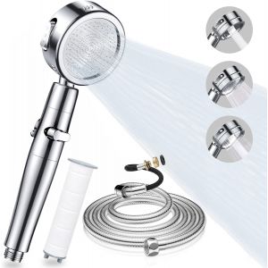 Pommeau de Douche avec Tuyau 2m, Pommeau de Douche Haute Pressionet Economie Deau avec Bouton Pause, Douchette avec 3 Modes Types de Jets, Shower Head Filtrant Salle de Bain et Rotative &agrave; 360&deg; - Neuf