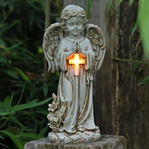 Mevronisshop-Statue Du Jardin Des Anges,Ange Priant Solaire,Figurine Ange Gardien Avec Croix Led,Sculpture Tombe,Auto-On,Gel,Aux Intemp&eacute;ries,Pour Terrasse,Pelouse,Cour,Pendaison De Cr&eacute;maill&egrave;re,Fun&egrave;br - Neuf