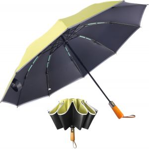 Parapluie R&eacute;tro - Pliant Anti - Uv Coupe - Vent Bande R&eacute;fl&eacute;chissante Poign&eacute;e En Bois Massif Auto - Ouverture Parapluie De Voiture - Neuf