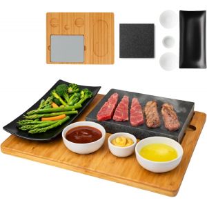 Ulteronixshop-Planche &Agrave; Steak En Pierre De Lave, Plateau De Service, Planche En Bambou Avec Grill &Agrave; Pierres Chaudes, Plaque De Cuisson &Agrave; Steak, Plaque En Pierre, Barbecue De Table - Neuf