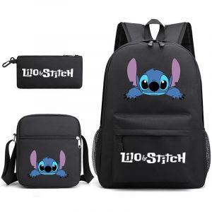 Sac en toile dessin animé Stitch, cartable pour garçons et filles, sac de rangement grande capacité, sac à dos Stitch trois pièces (sac à dos, trousse et besace),Noir - Neuf