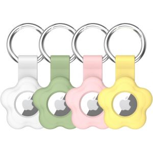 Lot De 4 &Eacute;tuis De Protection En Fleur Silicone Pour Airtag Avec Porte-Cl&eacute;s-Compatible Avec Airtag Tracker Pour Portefeuille Sacs &Agrave; Dos Bagages Chien Chat (Blanc/Verte/Rose/Jaune) - Neuf