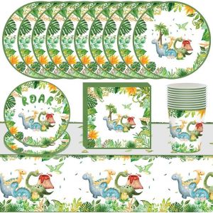 Letnerny-51 Pi&egrave;ces Dinosaure Anniversaire Vaisselle Ensemble,Vaisselle D'anniversaire Avec Motif Dinosaure,Nappe Tasses Assiettes Serviettes En Papier,Pour Mariages Baby Shower Enfants Party - Neuf