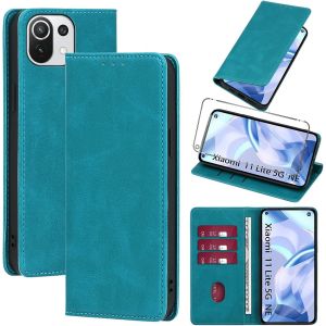 Kalanka-Coque Cuir Pour Xiaomi 11 Lite 5g Ne/Mi 11 Lite 4g/5g Avec 1 Verre Tremp&eacute; Etui &Agrave; Rabat En Pu Porte-Cartes Portefeuille Support Flip Housse Magn&eacute;tique Antichoc Anti-Rayures Case 6.55"",Bleu Cla - Neuf