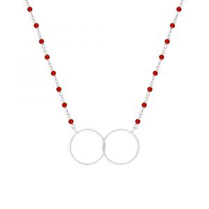 Collier Argent Rhodi&eacute; Double Rond Et Pierre Rouge - Neuf
