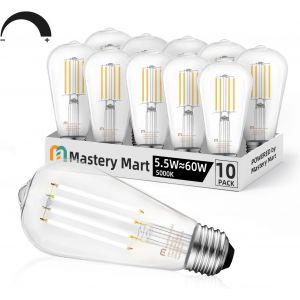 TRAHOO-Mastery Mart Dimmable Vintage Edison Light Bulbs, Pack of 10, 5000K Daylight White, 5.5W, Equivalent 60W, E26 LED Bulb with 90+ CRI, ST19/ ST58 Clear Glass Antique Filament Edison Style - Neuf
