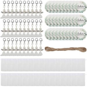 lbgwp60-30 Pièces Ange Porte-Clés, Pendentifs De Baptême Porte Avec Sac En Organza, Ensemble De Porte-Clés Petit Ange Avec Pendentifs En Papier Et Ficelle Pour Baptême Mariage Anniversaire Communion - Neuf