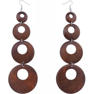 Chenquansarl-Grandes Boucles D'oreilles Pendantes Rondes En Bois, Style Boh&egrave;me Hippie, Longues Boucles D'oreilles Pendantes Avec Crochet En Argent Pour Femme, Grandes, Bois, Sans Pierre Pr&eacute;cieuse, Bi - Neuf
