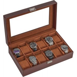 Kal-Boite À Montre Avec 12 Emplacements Coussins Montre, Coffret Montre Homme Antichoc, Rangement Montre Avec Couvercle En Verre, Pour Passionné D`Horlogerie -Marron - Neuf