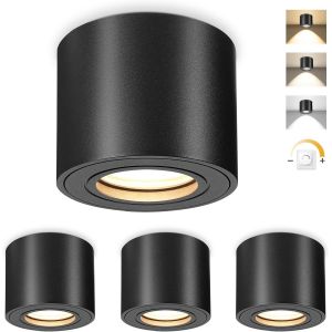 4X Plafonnier Spot En Saillie Led Ip44 Dimmable,&Oslash;80X65Mm Spot De Plafond Noir,Lampe Plafond Avec Module Led 5W 550Lm 230V,Spots Salle De Bain 3000K/4000K/6500K,Aluminium Rond - Neuf