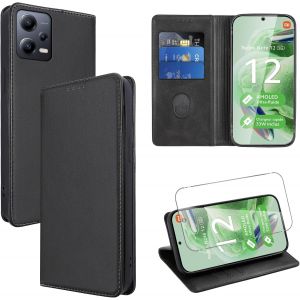 Kal-Coque Cuir Pour Xiaomi Redmi Note 12 5g/Xiaomi Poco F5 6.67"" Avec 1 Verre Trempé Etui À Rabat En Pu Porte-Cartes Portefeuille Support Flip Housse Magnétique Antichoc Anti-Rayures Case,Noir - Neuf