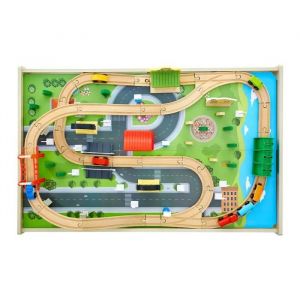 Table Circuit Train Bois-Duoku-avec Rail de Train-Bac Rangement Pliable-Table d'Activit&eacute;s 3 en 1 Double Face-Enfants 3 Ans et Plus - Neuf