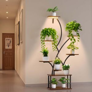 Ulteronixshop-Support Plantes Int&eacute;rieur avec Lampe de Croissance, &Eacute;tag&egrave;re Porte Plantes 8 Niveaux M&eacute;tal, 157,5 cm, 3 R&eacute;glages Minuterie, 10 Niveaux Luminosit&eacute;, Meuble Pr&eacute;sentoir Fleurs pour D&eacute;coratio - Neuf