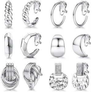 6paires Boucles D'oreilles À Clip Plaqué Or 18k Pour Femmes Chunky Hoop Clip Statement Twist Round Geometry Clip Earrings Lightweight Adjustable No Piercing Fake Earrings.[X1161] - Neuf