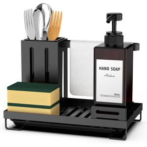 Eryi-Organisateur Evier Cuisine, Rangement Eponge Cuisine Acier Inoxydable Support Eponge Evier Avec Égouttoir Amovible Et Égouttoir À Couverts Pour Poser Cuisine Salle De Bain - Noir - Neuf