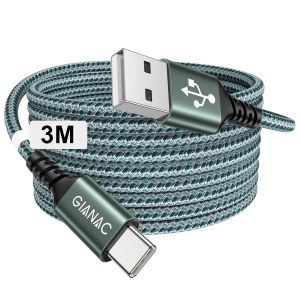 THEF-Câble USB C Long [3M] Câble USB C Charge Rapide 3.1A Chargeur C Nylon Tressé C Connecteur Synchro pour iPhone 16/15/15 Pro Max, Galaxy S24/S23/S22/S21/S10,A21,Huawei P40 P30 P20, Redmi,Smartphon - Neuf